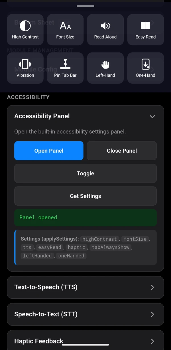 Accessibility panel opened in the Unveily app (Android) — controls: High Contrast, Font Size, Read Aloud, Easy Read, Vibration, Pin Tab Bar, Left-Hand mode, One-Hand mode