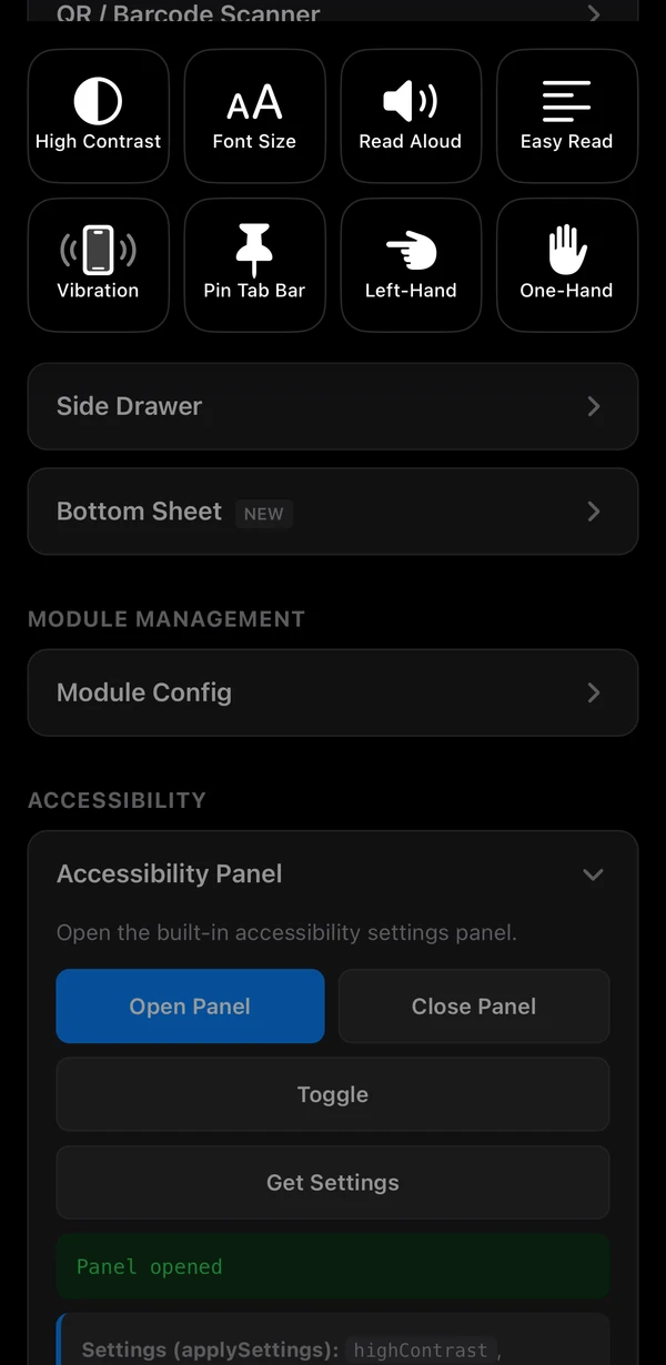 Accessibility panel opened in the Unveily app (iOS) — controls: High Contrast, Font Size, Read Aloud, Easy Read, Vibration, Pin Tab Bar, Left-Hand mode, One-Hand mode